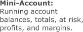 Mini-Account: Running account balances, totals, at risk, profits, and margins.